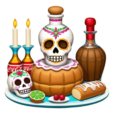 Altar de día de muertos con ofrendas como coca cola, pan dulce, dulces y tequila  sticker