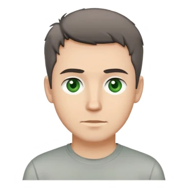 white man with dark messy short hair, dark green eyes, wearing a gray t-shirt sticker