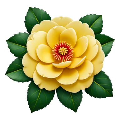 Classic camellia flower with perfectly arranged overlapping red petals, distinctive yellow stamens in center, and serrated glossy dark green leaves sticker