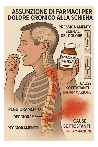 Man taking pain medication for chronic back pain, pills shown as dimmer switches turning down pain signals in transparent nervous system overlay, underlying spinal damage remaining completely untreated and worsening, expression of temporary relief masking progressive deterioration, medication bottle labeled 'symptom suppression' not 'cure', root cause inflammation continuing to spread in italiano sticker