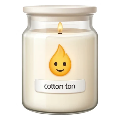 minimal flat emoji of a white scented candle in a glossy white glass jar with the label “cotton”, soft warm glow, clean vector style, elegant and modern, transparent background sticker