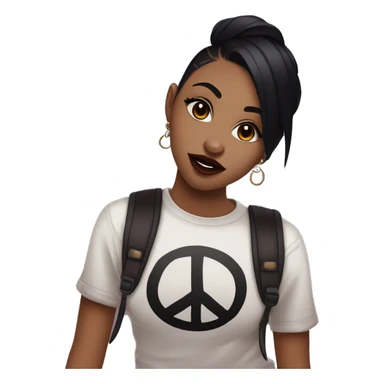 Beautiful girl with medium straight dark black hair with maroon ends and a septum piercing, hazel colors eyes, wearing an emo shirt, making a peace sign and winking sticker