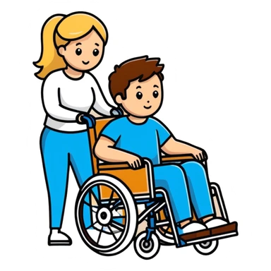 Brown haired man in a wheel chair with blonde haired mom pushing sticker