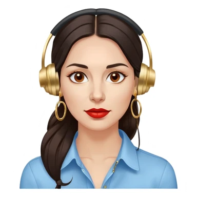 Beautiful croatian woman in her late 30s with long dark brown hair dark brown eyes red lips gold mid size hoop earrings noise cancelling earbuds in light blue mens shirt sticker