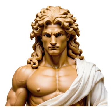 Cinematic Realistic Hercules Portrait, depicted as a classical Greek hero merging the fierce masculinity of the lion-wrestling Hercules with the refined face of Michelangelo's David. His light tan, chiseled skin glows with timeless strength, and his thick, curly, golden brown hair cascades in natural, sculpted curls reminiscent of a warrior’s mane. Draped in a flowing white robe with delicate golden accents and crowned with a traditional Greek laurel wreath, his intense, determined eyes exude noble might, all rendered under dynamic natural lighting with a mythic, radiant glow. sticker