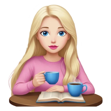 Cinematic realistic blonde with long hair, blue eyes, pink lips, sitting in a cozy atmosphere, reading a book, coffee is on the table next to her sticker