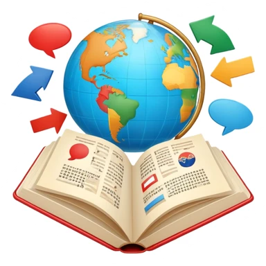 An icon featuring an open book with speech bubbles showing different alphabets—Latin, Cyrillic, Kanji. A globe and translation arrows symbolize global communication and language learning. Transparent background highlights cultural exchange and linguistic diversity. sticker