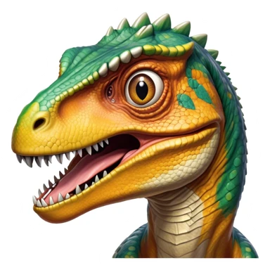 Cinematic Realistic Comical velociraptor/T-rex Portrait Emoji, Head tilted dramatically with an exaggeratedly amused expression, featuring a striking, glossy scaled body with bold natural textures and wide, expressive eyes brimming with playful disbelief, rendered with lifelike detail and dynamic natural lighting, high shine, dramatic yet playful, styled with an air of cheeky prehistoric mischief, soft glowing outline, capturing the essence of a spirited and over‐the‐top velociraptor/T-rex that looks ready to bellow its way into viral fame! sticker
