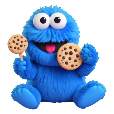 cookie monster, vibrant blue fur, big googly eyes, holding a cookie, playful expression, simple background sticker