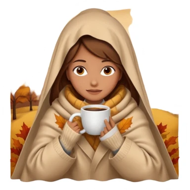 brown hair woman sitting under beige blanket, with a blanket over his head, holding cup of coffee, autumn mood sticker
