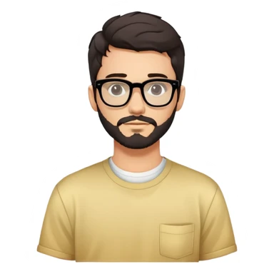 young adult man with light skin, short beard, dark wavy hair, relaxed expression, very wide rectangular glasses with thick black acetate frame and thick double bridge, retro oversized style, colorful open shirt and white t-shirt sticker