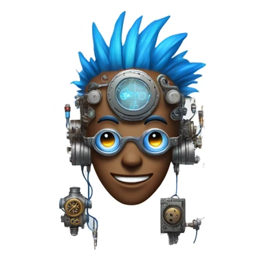 Brown cyborg head with blue Mohawk, blue beard, silver steampunk monocle goggles a smile and circuits sticker