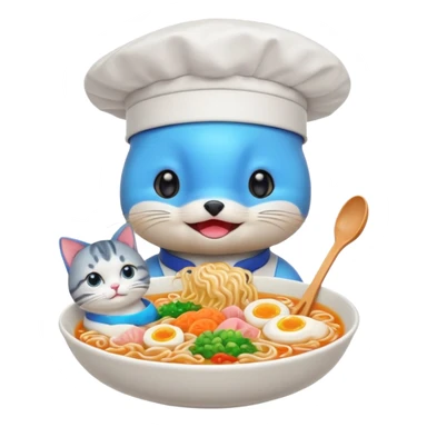 I want a dolphin on top of a cat eating ramen noodles in Japan shibuya sticker