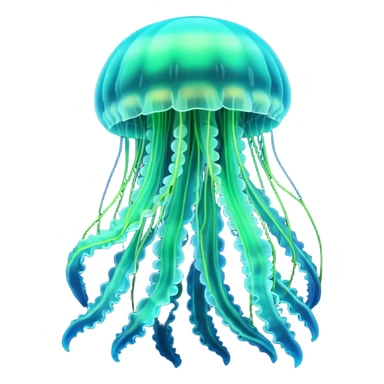 3D render of Jellyfish, bioluminescent deep sea style, glowing neon blue and green lights, dark background to contrast the glow, translucent organic textures. sticker