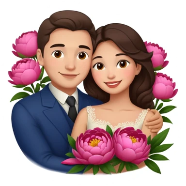 couple hug with warm smiles Latina girl and russian man elegant peonies  sticker