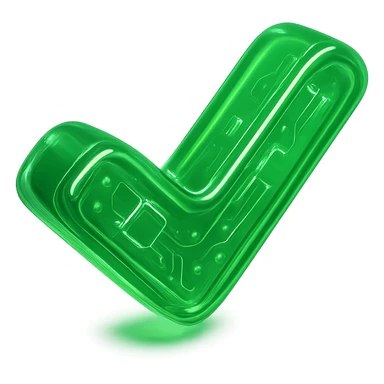 A glowing neon green cyberpunk style checkmark icon with a digital grid pattern, futuristic design sticker