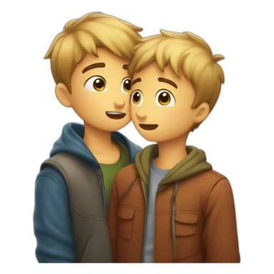 Boy whispering a secret to another. I want the emoji to show a boy with an intriguing expression, leaning towards another boy, appearing to be whispering something in his ear sticker