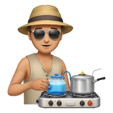 A man camper boiling water on a portable stove, enjoying the outdoor breeze.
 sticker