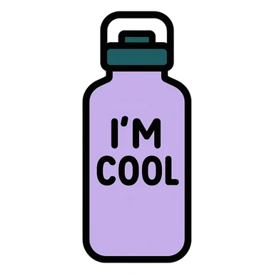 light purple STANLEY water bottle with I'M COOL written on it, minimalistic icon, focus on bottle shape and text sticker