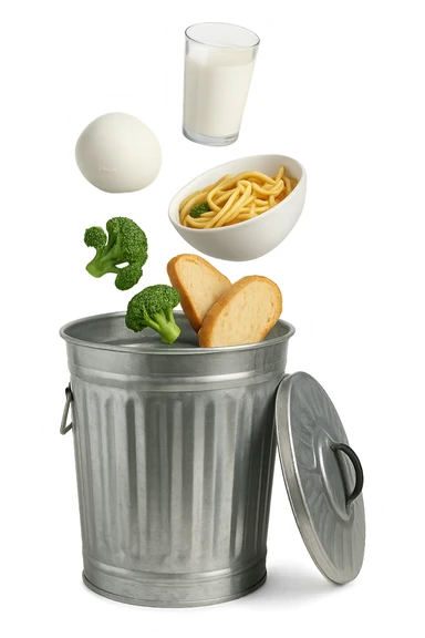 SECCHIO DELLA SPAZZATURA DENTRO CUI CADE UNA MOZZARELLA, UN BICCHIERE DI LATTE, UNA BOWL DI PASTA, QUALCHE BROCCOLO, QUALCHE FETTINA DI PANE sticker