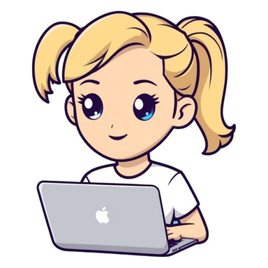 Blonde woman ponytail blue eyes with MacBook sticker