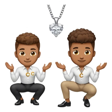 Generate me a muscular man emoji down on one knee with a right angle proposing with a diamond ring with brown heart eyes and a smile. I want the emoji to have brown fluffy hair with a low taper fade I want him to have a small silver chain with a small letter c pendant and a white button down shirt with black slacks and black loafers make him look like a normal emoji with a circle head that’s the color yellow and cartoon like Also on a plain white background sticker