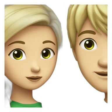 a blond boy with brown-green eyes kisses a brunette girl with long straight hair and bright green eyes on the cheek sticker