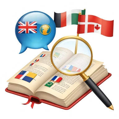 An icon featuring an open book, a pen, and speech bubbles, symbolizing philology and linguistics. The design includes alphabet letters, a magnifying glass, and flags of different countries, representing global languages and communication. Transparent background highlights language study. sticker