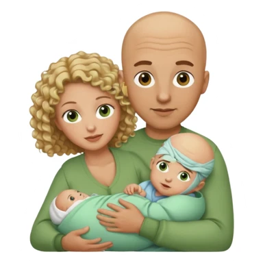 Un hombre calvo de ojos marrones con su mujer rubia de pelo rizado y ojos verdes sosteniendo un bebé niño de pelo rizado moreno y de ojos marrón verdoso sticker