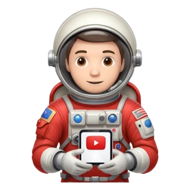 Man astronaut holding youtube logo in hands, person dress in red outfit sticker