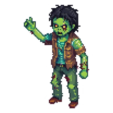 isometric zombie with one arm raised in the air and messy black hair sticker