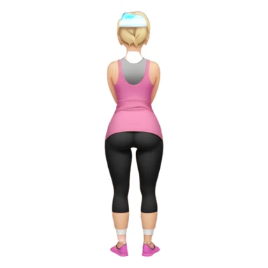 Render from knees up, view from the back, fair skinned woman, curvy, short blond hair, small reading glasses, cooking dinner in kitchen, pink loose tank top, showing natural B cup breast shape SFW, black yoga pants, large curvy booty sticker