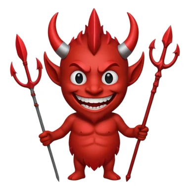 A red demon smiley face holding a trident sticker