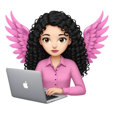 a girl typing mac book air with long black curly hair and brown eyes with winged black eyeliner, pink shirt sticker