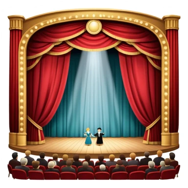 An icon depicting a grand theater stage with heavy curtains, spotlight shining on the performers, and an audience eagerly watching. The scene conveys the drama and excitement of live performances, with dramatic lighting and atmosphere. transparent background. sticker