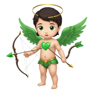 cupid asian baby flying full body with wings with brown eyes and dark hair handled bow and arrow green heart breaker and looking to heart sticker