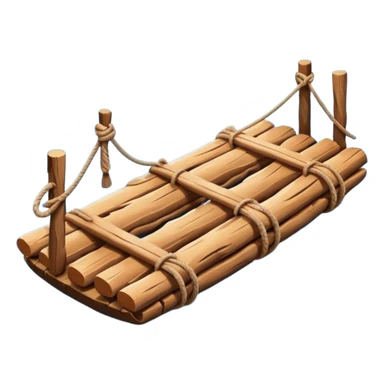 showing a simple wooden raft floating on calm blue water — made of several brown logs tied together with rope — gentle ripples around it — bright, cheerful lighting and soft shadows — minimalist, clean emoji design sticker