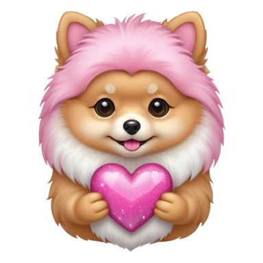 A Pomeranian holding a pink sparkling heart sticker