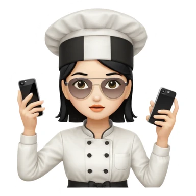 ["A sad woman with light skin, straight hair, wearing a chef hat and sunglasses, dressed in K-pop fashion, is dancing while holding a phone."] sticker