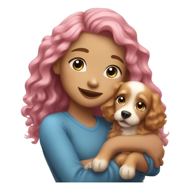 Please create a girl who hugs her pet doggie. The girl has a cute face and so does the doggie. The girl has light skin, blue eyes and pink wavy long hair. sticker