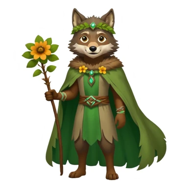 wolf dressed as a druid, flower crown, green cape, full body icon sticker