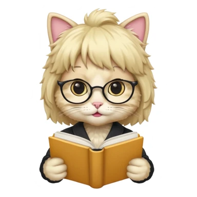 A cat wearing a wig, holding a textbook sticker