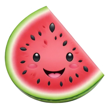 Cute Kawaii Watermelon Slice, juicy and vibrant, soft pastel green rind with pink flesh, tiny black seeds shaped like hearts, an adorable happy face with cute round eyes, bursting with summer energy! sticker