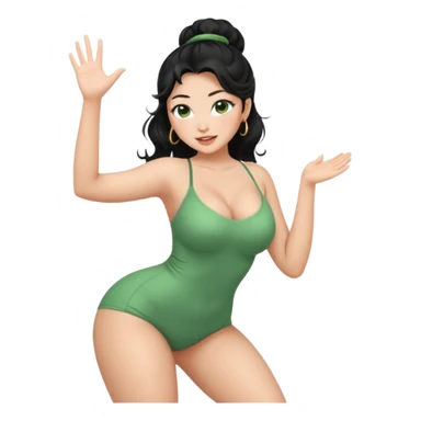 Full body nude very beautiful asian young woman, very beautiful face with freckles, green almond eyes long lashes, wavy black hair in a bun, big boobs, big ass, sexy body, bending over, waving to greet sticker