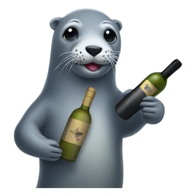 Grey seal holding a bottle of wine sticker