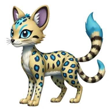 Colorful Meloetta-Sergal-Serval-Civet-Genet-Pokémon-Digimon-Fakémon-fusion-hybrid-creature with Cyan stripes and blue leopard-spot-markings  sticker