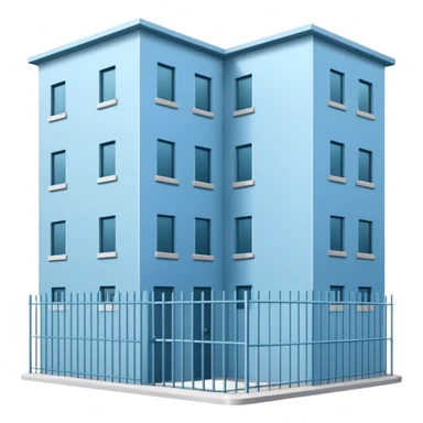 light blue rectangular 9-story apartment building surrounded by fence, closed courtyard, minimal flat vector icon, friendly clean design sticker