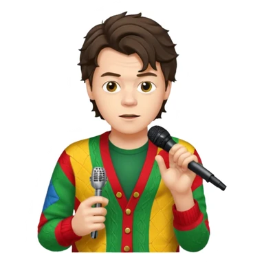 harry styles with a mic, he is wearing a patchwork colorful (red, yellow,green) cardigan sticker