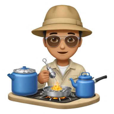 A man camper boiling water on a portable stove, enjoying the outdoor sticker