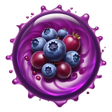 Blueberries, pomegranate, purple grapes, and dark chocolate floating in a bright purple vortex. A glowing shield surrounds cells, dissolving dark shadow particles representing free radicals. The protective light extends throughout the body, showing antioxidants' protective effects. sticker